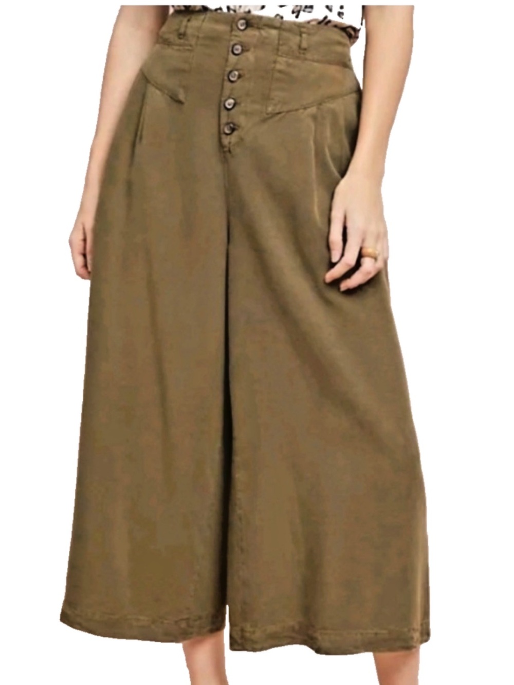 New Anthropologie | Oceanside wide leg linen Cropped Pant culotte olive XS
